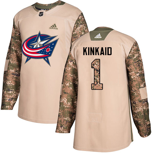 Adidas Columbus Blue Jackets #1 Keith Kinkaid Camo Authentic 2017 Veterans Day Stitched Jersey Men's