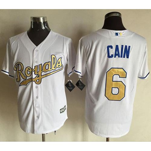 Kansas City Royals #6 Lorenzo Cain White New Cool Base 2015 World Series Champions Gold Program Stitched Jersey Men's
