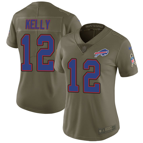 Bills #12 Jim Kelly Olive Women's Stitched Limited 2017 Salute To Service Jersey