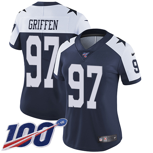 Dallas Cowboys #97 Everson Griffen Navy Blue Thanksgiving Women's Stitched 100th Season Vapor Throwback Limited Jersey Womens