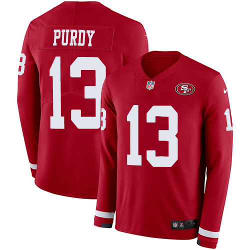 San Francisco 49ers #13 Brock Purdy Red Team Color Youth Stitched Limited Therma Long Sleeve Jersey