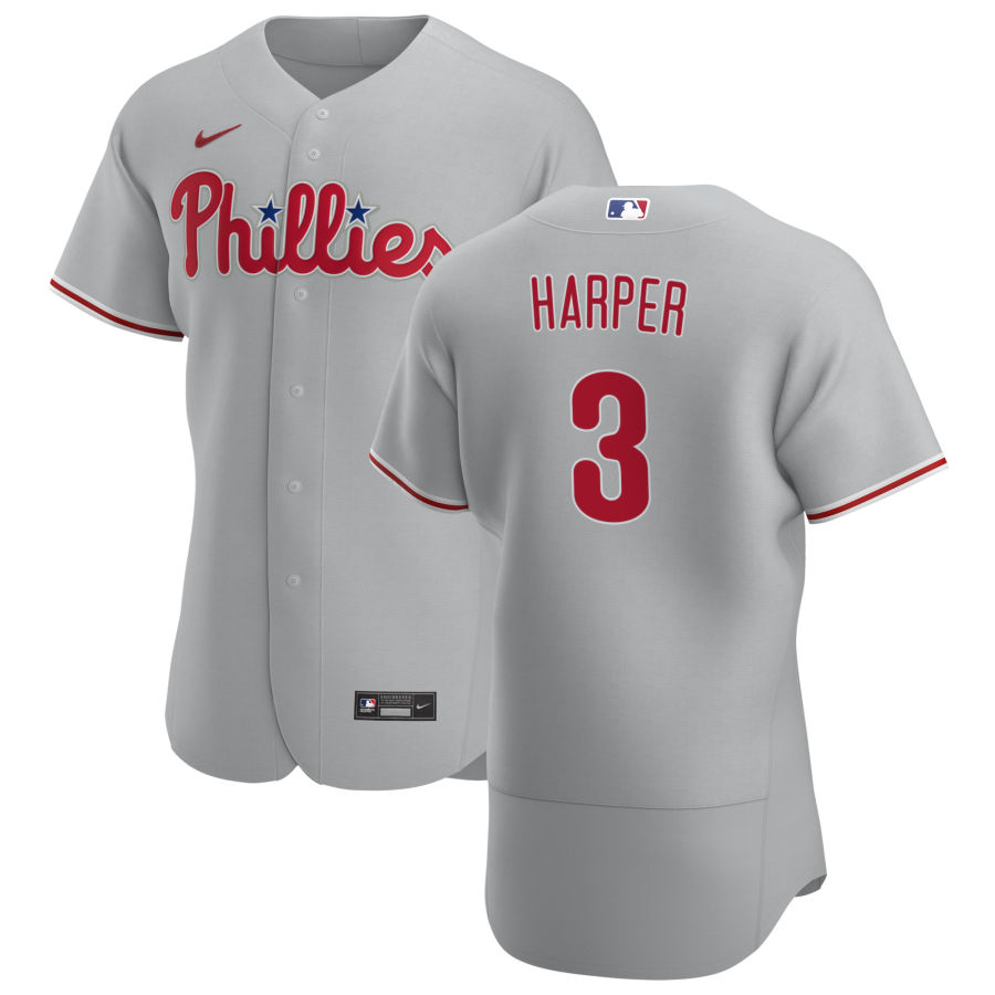 Philadelphia Phillies #3 Bryce Harper Men's Gray Road 2020 Authentic Player Jersey