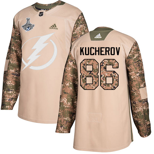 Adidas Tampa Bay Lightning #86 Nikita Kucherov Camo Authentic 2017 Veterans Day 2020 Stanley Cup Champions Stitched Jersey Men's