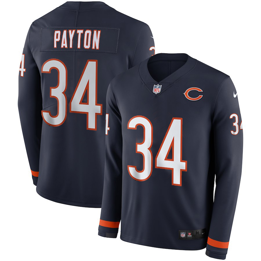 Men's Bears #34 Walter Payton Navy Blue Team Color Men's Stitched Limited Therma Long Sleeve Jersey
