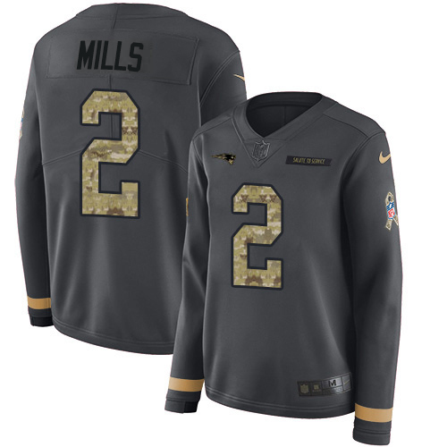Patriots #2 Jalen Mills Anthracite Salute To Service Women's Stitched Limited Therma Long Sleeve Jersey