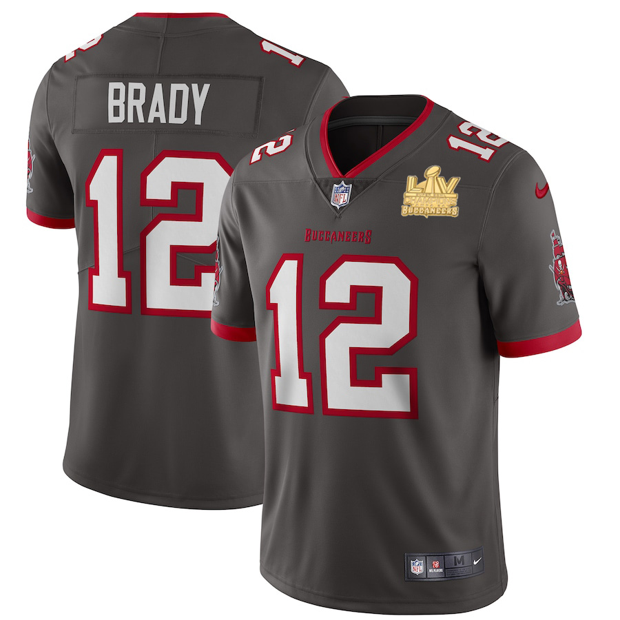 Tampa Bay Buccaneers #12 Tom Brady Men's Super Bowl LV Champions Patch Pewter Alternate Vapor Limited Jersey