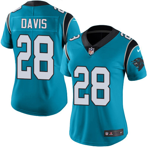 Carolina Panthers #28 Mike Davis Blue Women's Stitched Limited Rush Jersey Womens