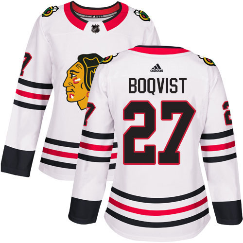 Adidas Chicago Blackhawks #27 Adam Boqvist White Road Authentic Women's Stitched Jersey Womens