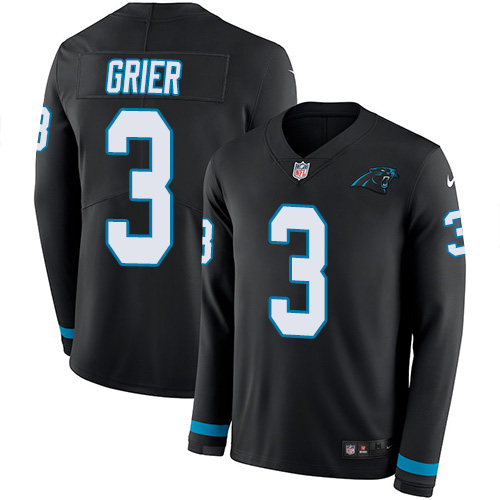 Carolina Panthers #3 Will Grier Black Team Color Youth Stitched Limited Therma Long Sleeve Jersey Youth