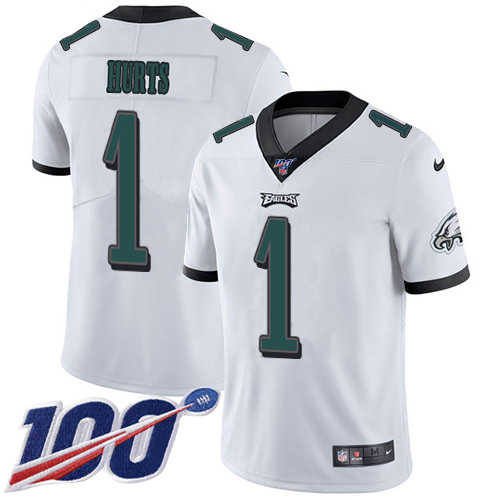 Eagles #1 Jalen Hurts White Youth Stitched 100th Season Vapor Untouchable Limited Jersey