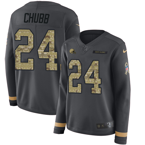 Browns #24 Nick Chubb Anthracite Salute To Service Women's Stitched Limited Therma Long Sleeve Jersey
