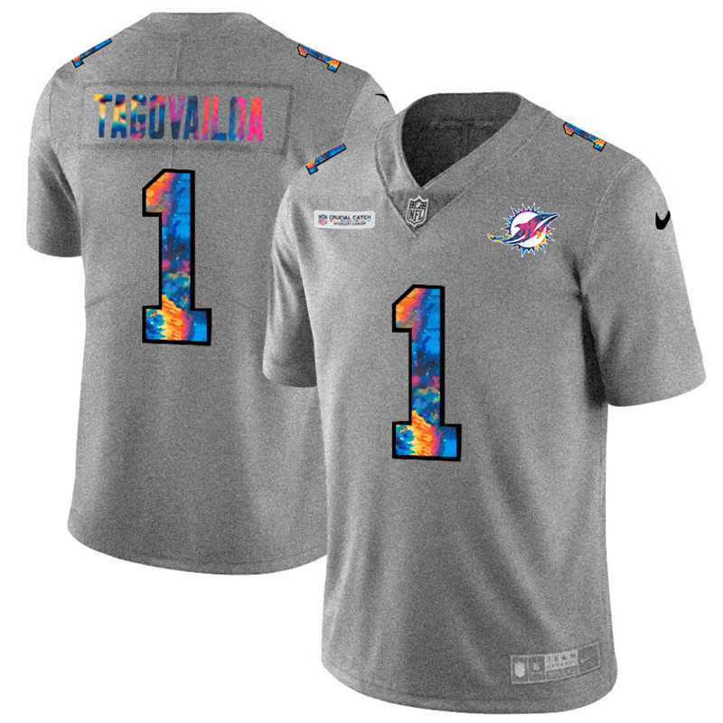 Miami Dolphins #1 Tua Tagovailoa Men's Multi-Color 2020 Crucial Catch Jersey Greyheather