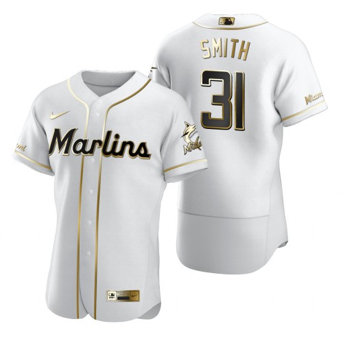 Miami Miami Marlins #31 Caleb Smith White Men's Authentic Golden Edition Jersey Men's