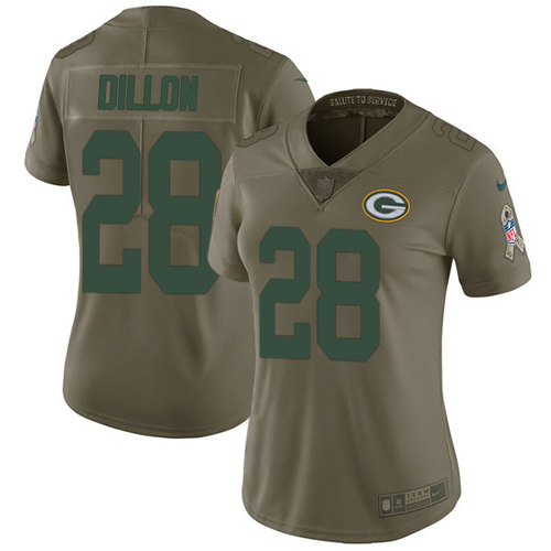 Packers #28 AJ Dillon Olive Women's Stitched Limited 2017 Salute To Service Jersey