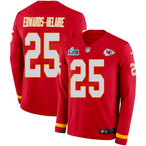 Chiefs #25 Clyde Edwards-Helaire Red Team Color Super Bowl LVII Patch Youth Stitched Limited Therma Long Sleeve Jersey