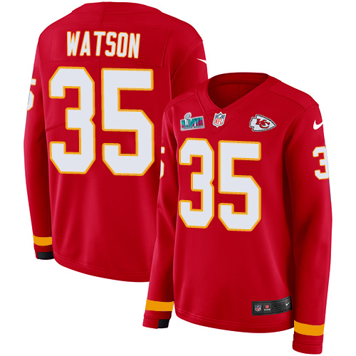 Chiefs #35 Jaylen Watson Red Team Color Super Bowl LVII Patch Women's Stitched Limited Therma Long Sleeve Jersey