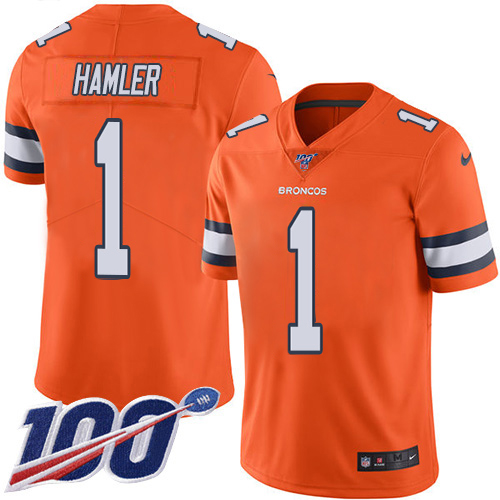 Broncos #1 KJ Hamler Orange Youth Stitched Limited Rush 100th Season Jersey