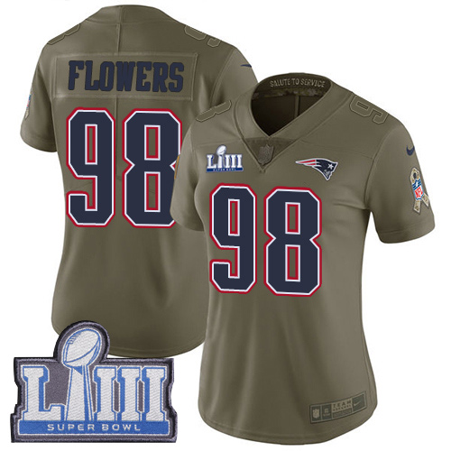 New England Patriots #98 Trey Flowers Olive Super Bowl LIII Bound Women's Stitched Limited 2017 Salute to Service Jersey Womens