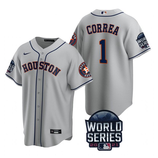 Houston Astros #1 Carlos Correa Men's 150th Anniversary 2021 World Series Game Jersey - Gray