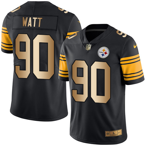 Steelers #90 T. J. Watt Black Men's Stitched Limited Gold Rush Jersey