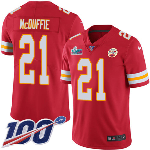 Chiefs #21 Trent McDuffie Red Team Color Super Bowl LVII Patch Youth Stitched 100th Season Vapor Limited Jersey
