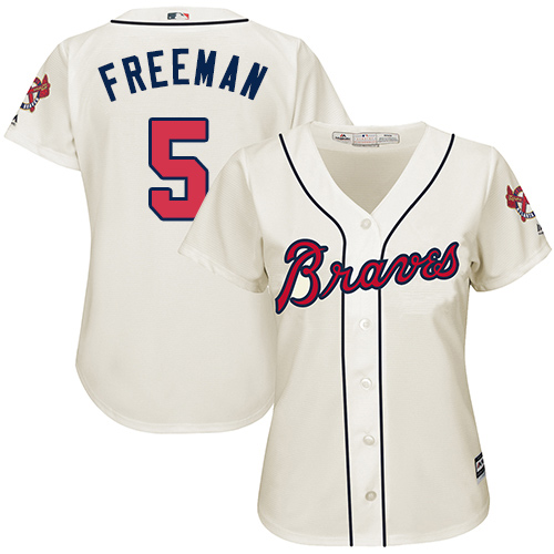 Atlanta Braves #5 Freddie Freeman Cream Alternate Women's Stitched Jersey Womens