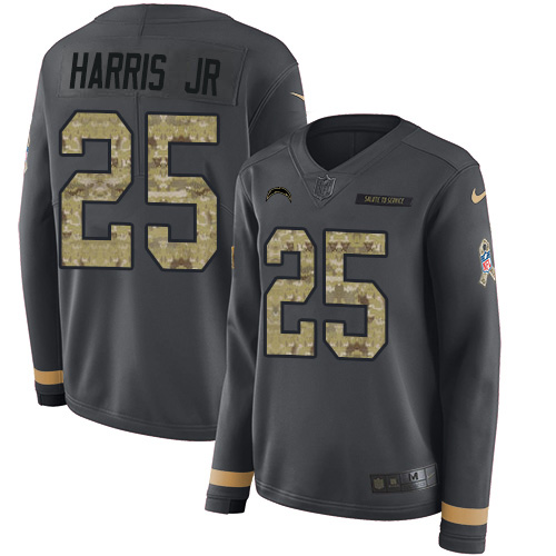 Los Angeles Chargers #25 Chris Harris Jr Anthracite Salute to Service Women's Stitched Limited Therma Long Sleeve Jersey Womens
