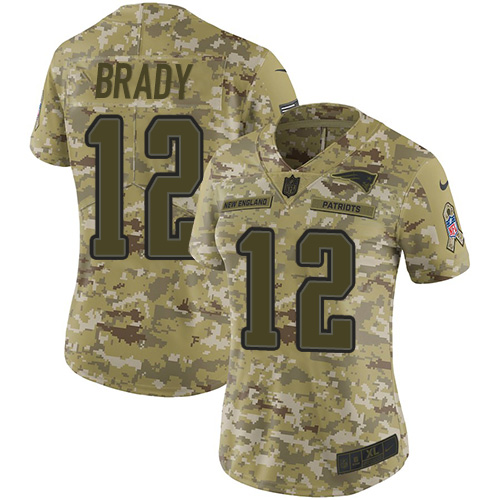 Patriots #12 Tom Brady Camo Women's Stitched Limited 2018 Salute To Service Jersey