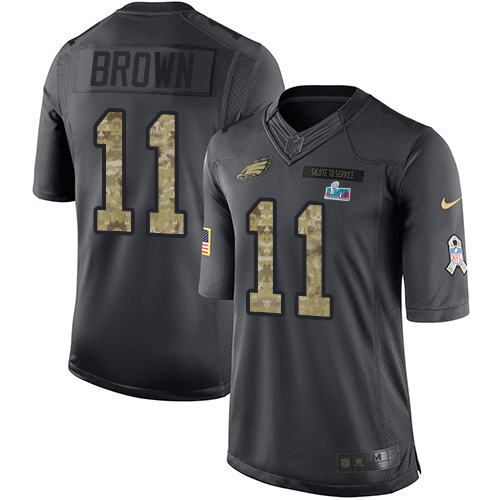 Eagles #11 A.J. Brown Black Super Bowl LVII Patch Men's Stitched Limited 2016 Salute To Service Jersey