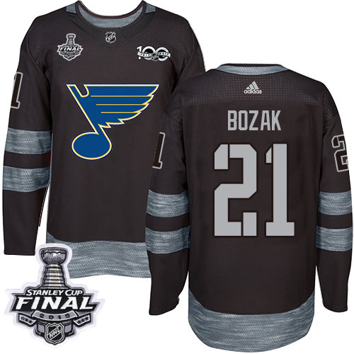 Adidas St. Louis Blues #21 Tyler Bozak Black 1917-2017 100th Anniversary 2019 Stanley Cup Final Stitched Jersey Men's