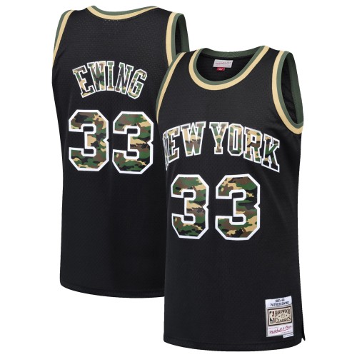 New York Knicks #33 Patrick Ewing Black Mitchell & Ness Straight Fire Camo Swingman Jersey Mens