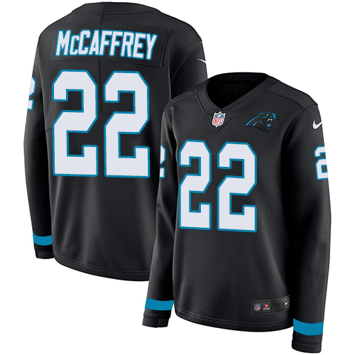 Carolina Panthers #22 Christian McCaffrey Black Team Color Women's Stitched Limited Therma Long Sleeve Jersey Womens
