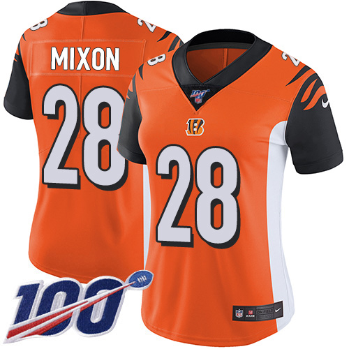 Bengals #28 Joe Mixon Orange Alternate Women's Stitched 100th Season Vapor Untouchable Limited Jersey