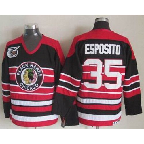 Chicago Blackhawks #35 Tony Esposito Red/Black 75TH CCM Stitched Jersey Men's