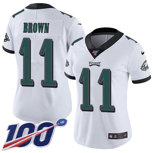 Eagles #11 A.J. Brown White Women's Stitched 100th Season Vapor Untouchable Limited Jersey