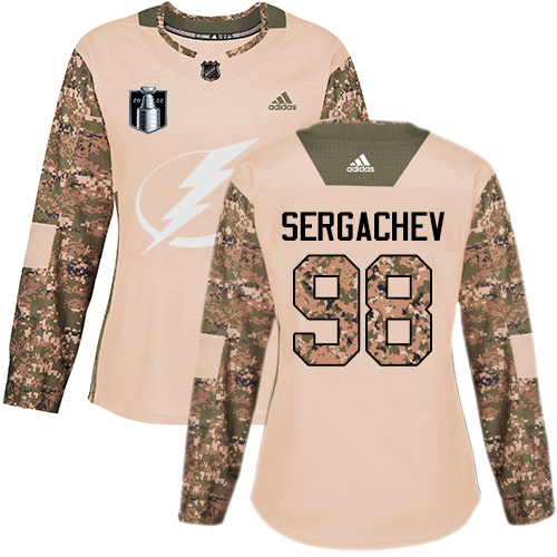 Adidas Tampa Bay Lightning #98 Mikhail Sergachev Camo Authentic 2022 Stanley Cup Final Patch Women's Veterans Day Stitched Jersey Womens