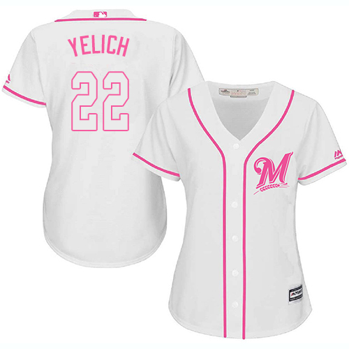 Milwaukee Brewers #22 Christian Yelich White/Pink Fashion Women's Stitched Jersey Womens