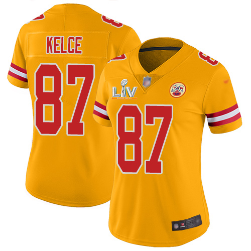 Chiefs #87 Travis Kelce Gold Women's Super Bowl LV Bound Stitched Limited Inverted Legend Jersey