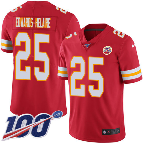 Chiefs #25 Clyde Edwards-Helaire Red Team Color Youth Stitched 100th Season Vapor Untouchable Limited Jersey