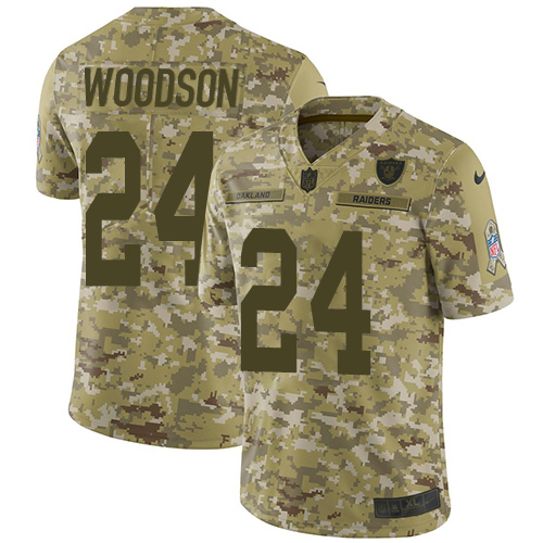 Raiders #24 Charles Woodson Camo Youth Stitched Limited 2018 Salute To Service Jersey
