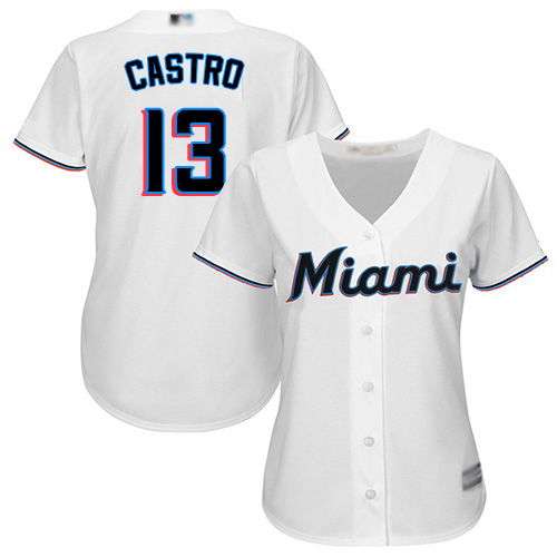 Miami Marlins #13 Starlin Castro White Home Women's Stitched Jersey Womens
