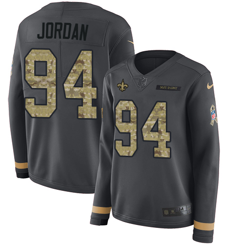New Orleans Saints #94 Cameron Jordan Anthracite Salute to Service Women's Stitched Limited Therma Long Sleeve Jersey Womens
