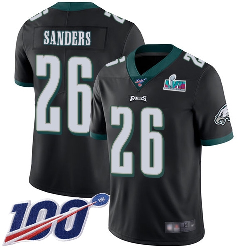 Eagles #26 Miles Sanders Black Super Bowl LVII Patch Alternate Men's Stitched 100th Season Vapor Limited Jersey