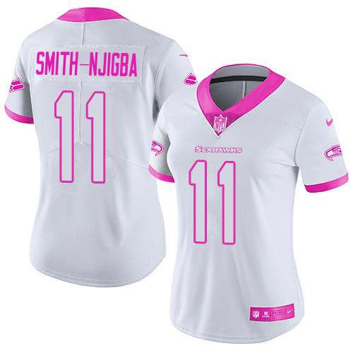 Seahawks #11 Jaxon Smith-Njigba White/Pink Women's Stitched Limited Rush Fashion Jersey
