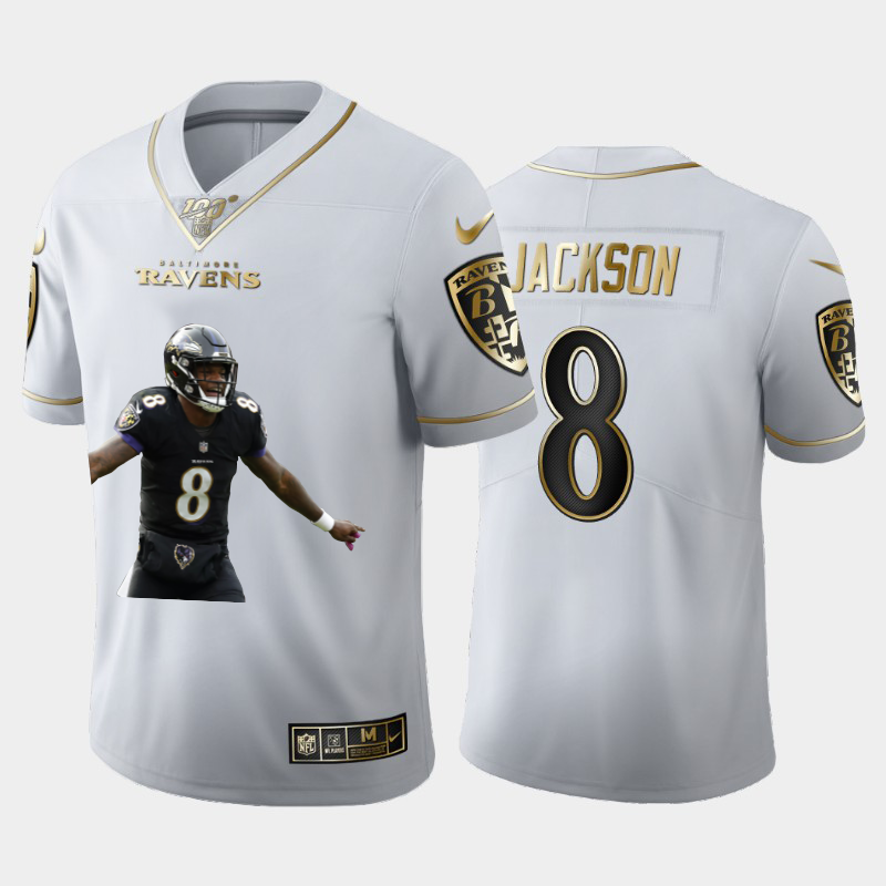Baltimore Ravens #8 Lamar Jackson Team Hero 7 Vapor Limited 100 Jersey White Golden