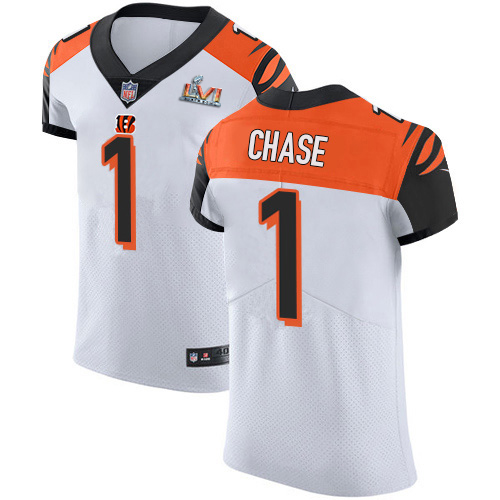 Bengals #1 Ja'Marr Chase White Super Bowl LVI Patch Men's Stitched Vapor Untouchable Elite Jersey