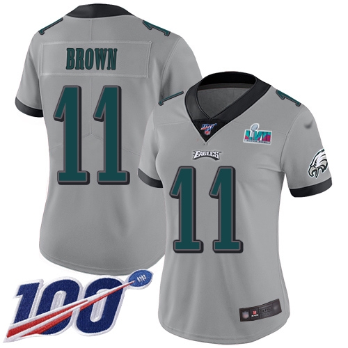 Eagles #11 A.J. Brown Silver Super Bowl LVII Patch Women's Stitched Limited Inverted Legend 100th Season Jersey