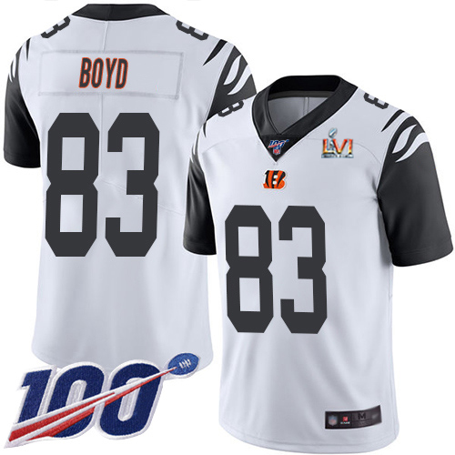 Bengals #83 Tyler Boyd White Super Bowl LVI Patch Youth Stitched Limited Rush 100th Season Jersey