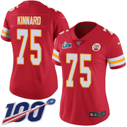 Chiefs #75 Darian Kinnard Red Team Color Super Bowl LVII Patch Women's Stitched 100th Season Vapor Limited Jersey