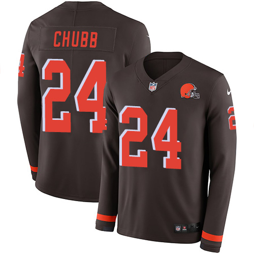Browns #24 Nick Chubb Brown Team Color Men's Stitched Limited Therma Long Sleeve Jersey